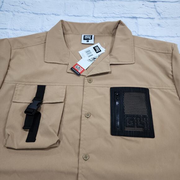 GTL4 MENS SIZE L Tan Button Front Short Sleeve Mesh Zip Pocket Military - Picture 5 of 10